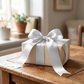 Gift box with white ribbon on wooden table in a cozy room