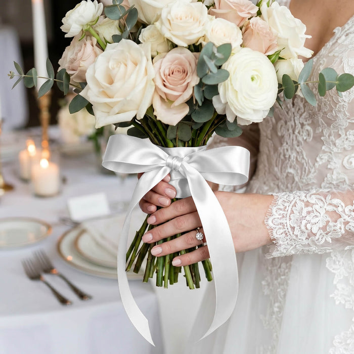Bridal bouquet of white and blush roses with eucalyptus ribbon in bride’s hands
