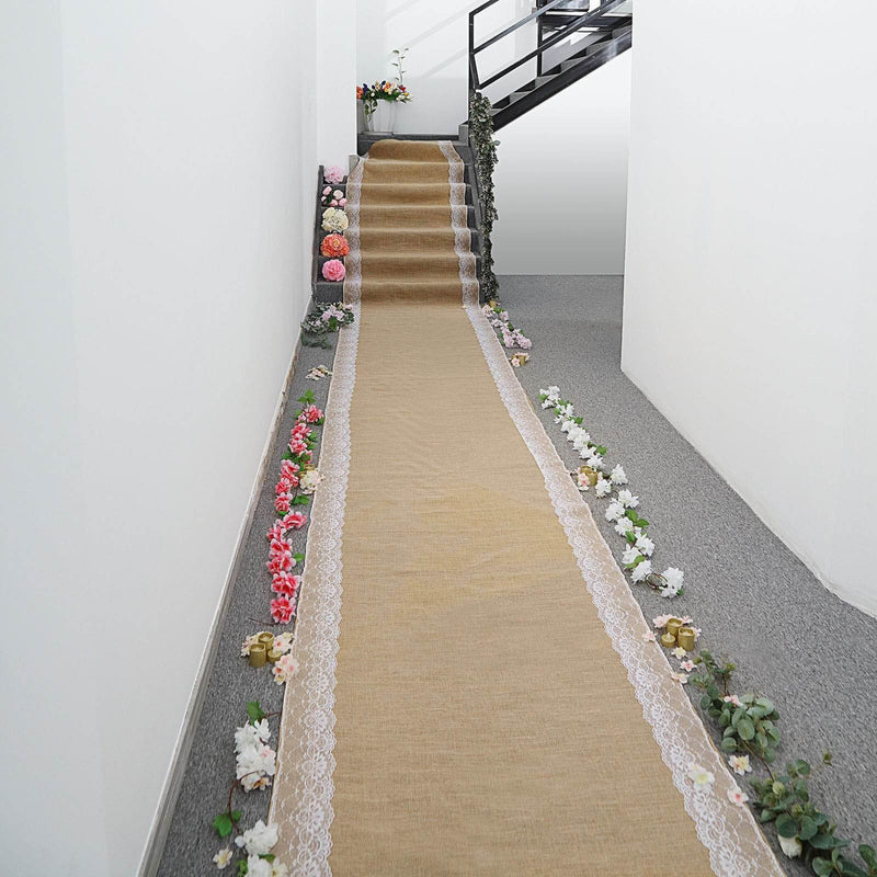 Burlap runner on staircase with floral accents