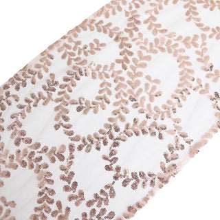 Enhance Your Table Decor with the Luxurious Sparkly Rose Gold Leaf Vine Sequin Tulle Table Runner