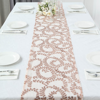 Elevate Your Table Decor with the Sparkly Rose Gold Leaf Vine Sequin Tulle Table Runner