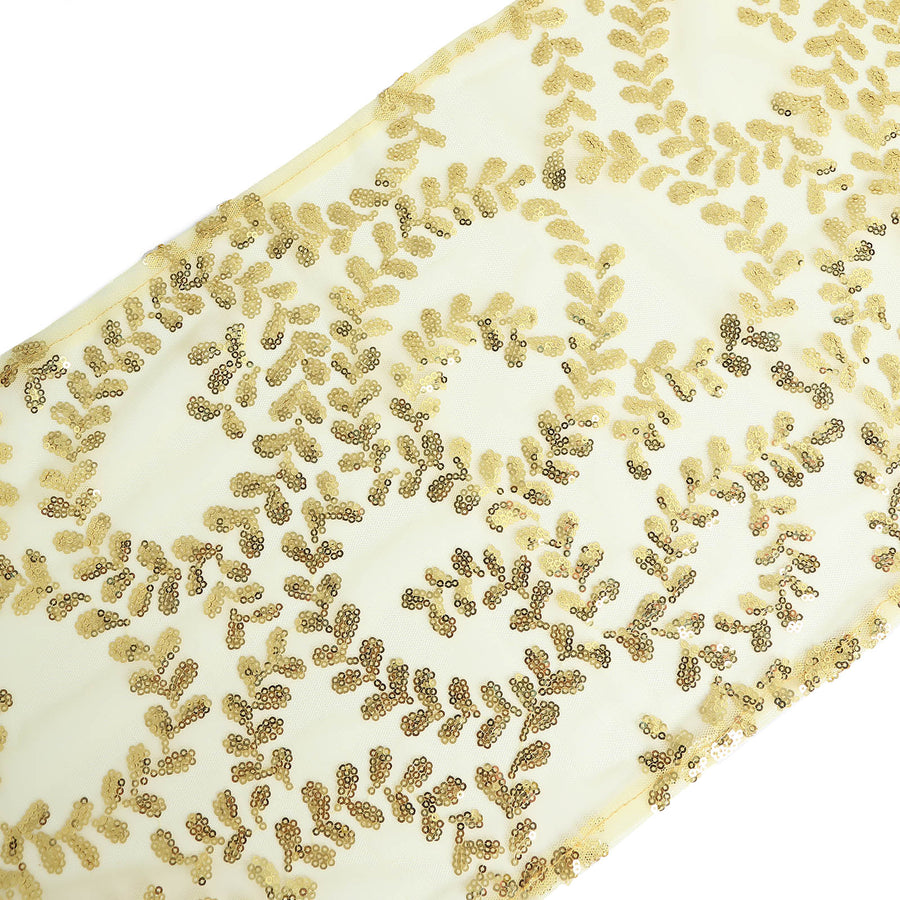 12x108inch Sparkly Gold Leaf Vine Sequin Tulle Table Runner#whtbkgd