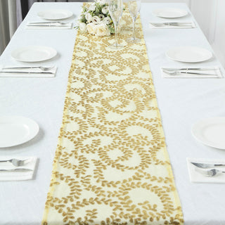 Elevate Your Table Decor with the Sparkly Gold Leaf Vine Sequin Tulle Table Runner