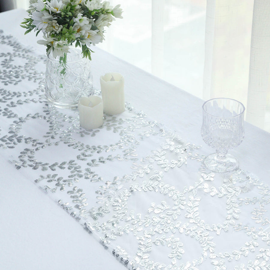 12x108inch Sparkly Silver Leaf Vine Sequin Tulle Table Runner