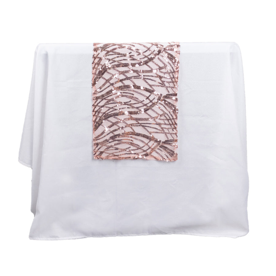 12x108inch Blush Rose Gold Wave Mesh Table Runner With Embroidered Sequins