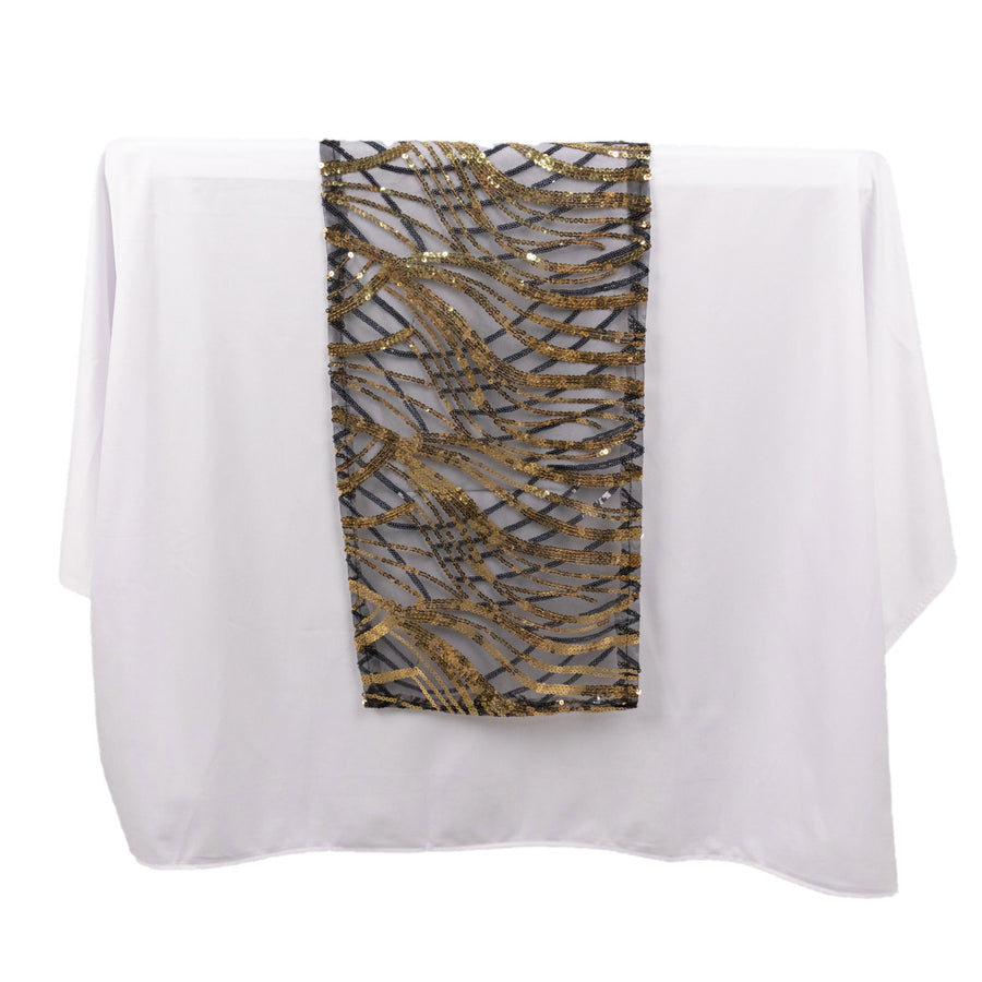 12x108inch Black Gold Wave Mesh Table Runner With Embroidered Sequins