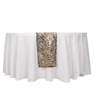 12"x108" Black Gold Wave Embroidered Sequins Table Runner