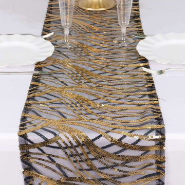 12"x108" Black Gold Wave Embroidered Sequins Table Runner