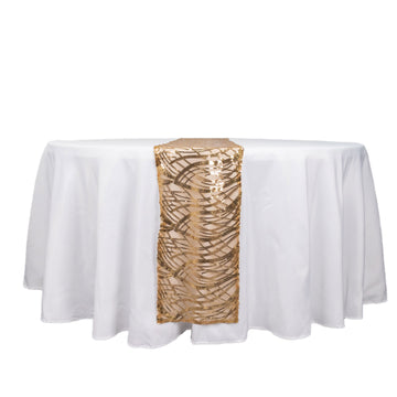 12"x108" Gold Wave Embroidered Sequins Table Runner