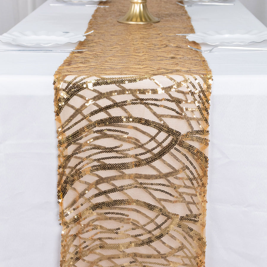 12x108inch Gold Wave Mesh Table Runner With Embroidered Sequins