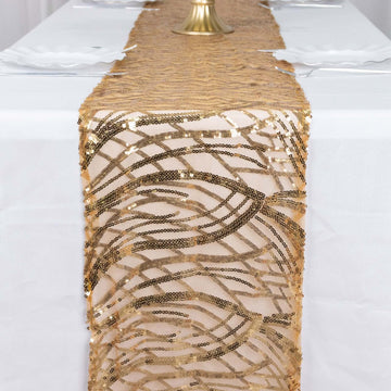 12"x108" Gold Wave Embroidered Sequins Table Runner