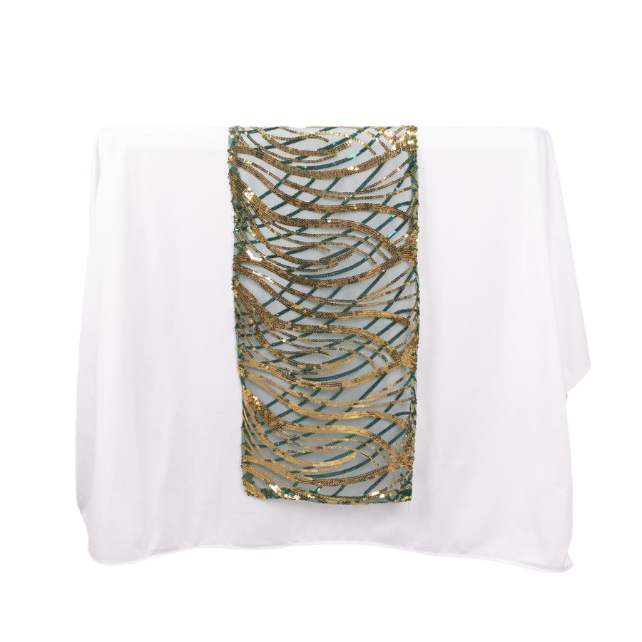 12x108inch Hunter Emerald Green Gold Wave Mesh Table Runner With Embroidered Sequins
