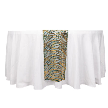 12"x108" Hunter Emerald Green Gold Wave Embroidered Sequins Table Runner