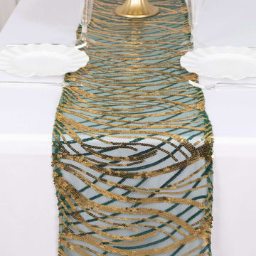 12"x108" Hunter Emerald Green Gold Wave Embroidered Sequins Table Runner