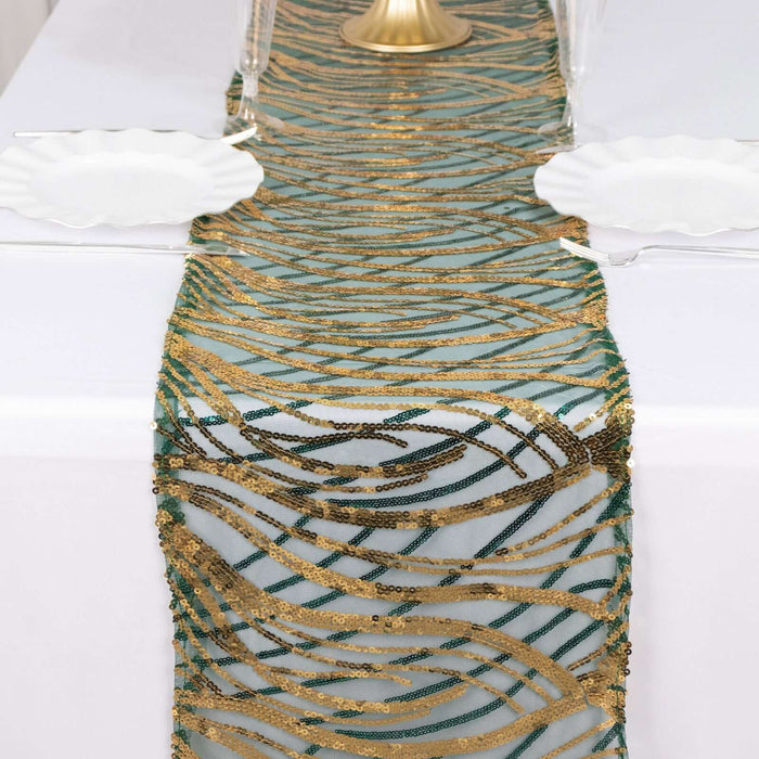 12x108inch Hunter Emerald Green Gold Wave Mesh Table Runner With Embroidered Sequins