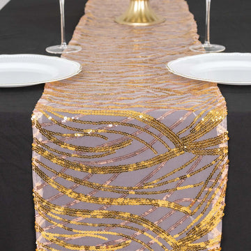 12"x108" Rose Gold Wave Embroidered Gold Sequins Table Runner