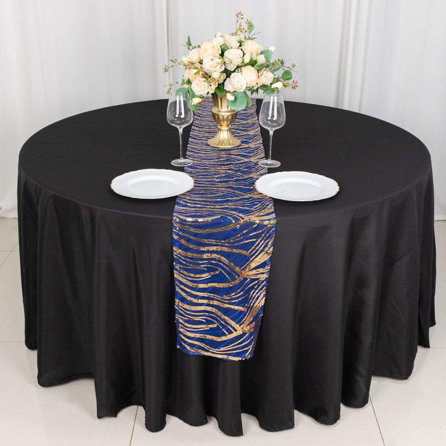 Royal Blue Gold Wave Mesh Table Runner With Embroidered Sequins