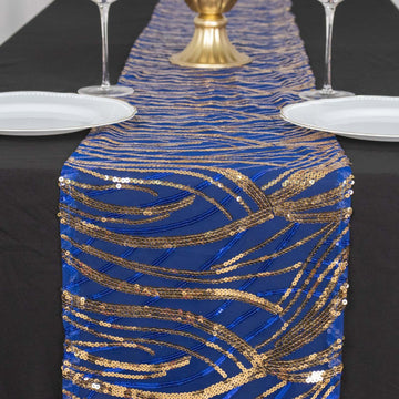 12"x108" Royal Blue Gold Wave Embroidered Sequins Table Runner