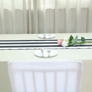 Enhance Your Event Décor with the Black and White Stripes Satin Table Runner