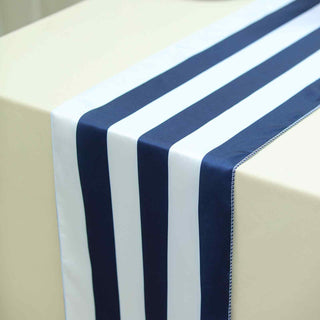 Elevate Your Event Decor with the Navy Blue and White Stripes Satin Table Runner