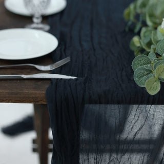 Create a Captivating Table Setup with the Navy Blue Gauze Cheesecloth Boho Table Runner