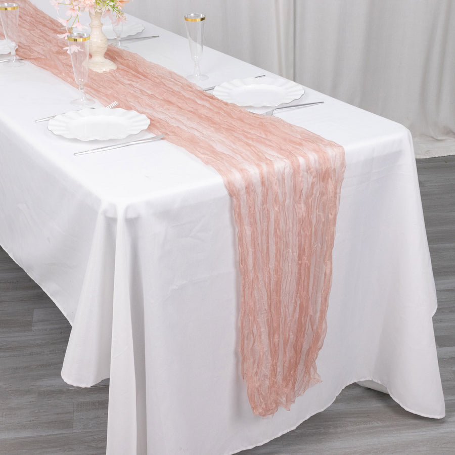 9ft Dusty Rose Sheer Crinkled Organza Table Runner, Premium Shimmer Chiffon Layered Table Runner