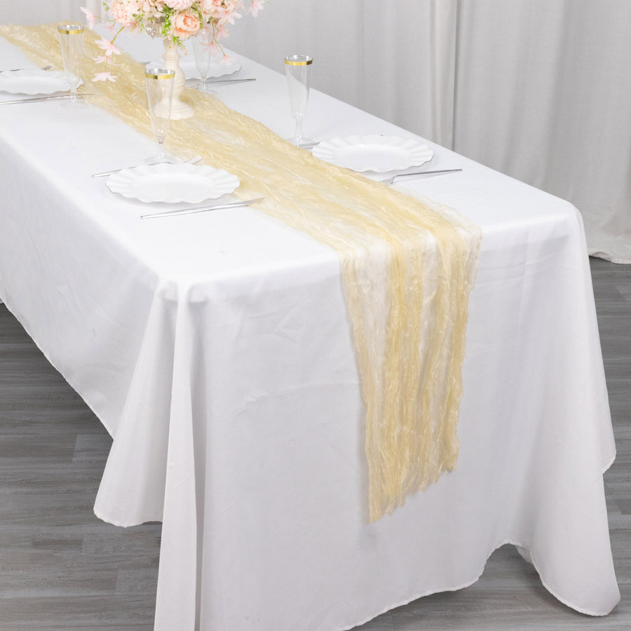 9ft Champagne Sheer Crinkled Organza Table Runner, Premium Shimmer Chiffon Layered Table Runner