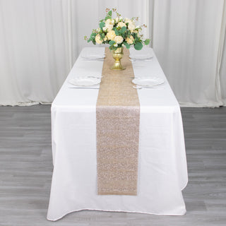 Create a Luxurious Ambiance with the Champagne Diamond Rhinestone Mesh Table Runner