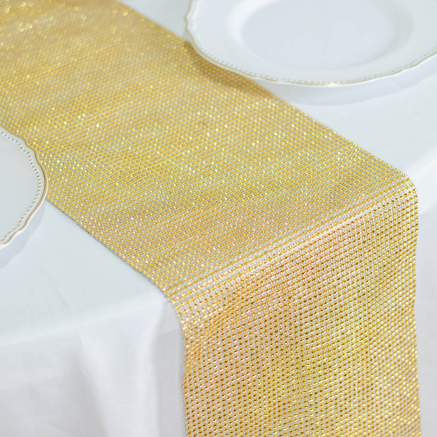 10x108inch Gold Diamond Rhinestone Mesh Table Runner, Crystal Rhinestone Ribbon Bling Roll