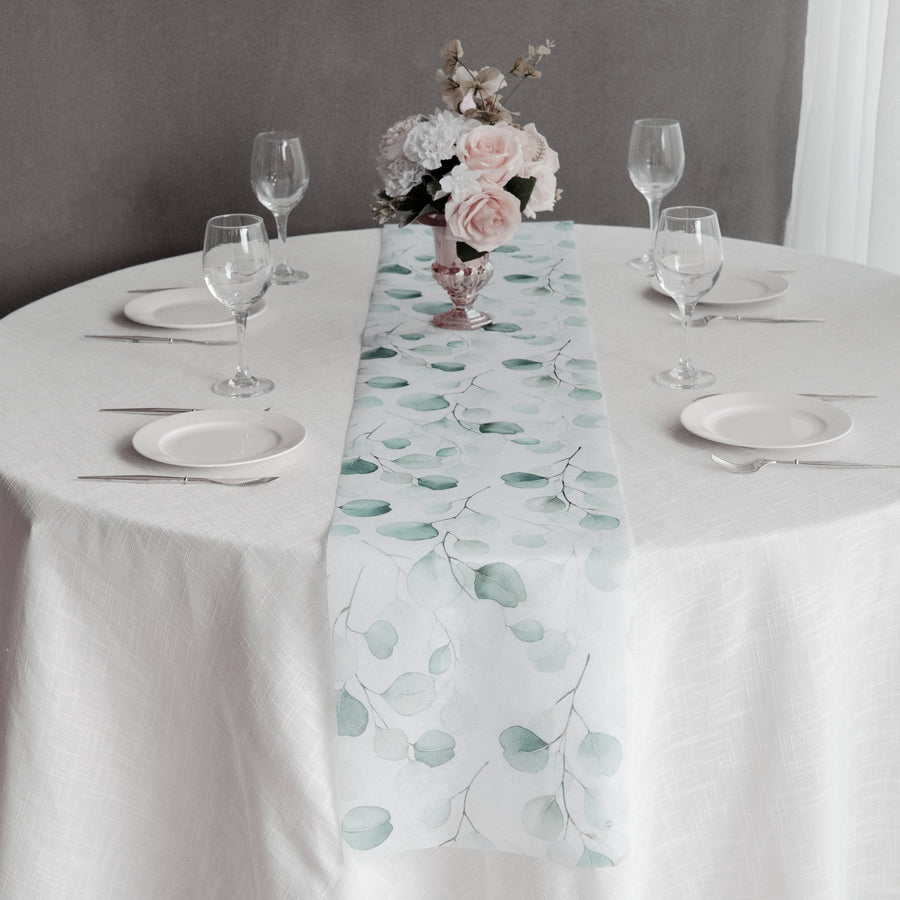 11x108inch White Green Non-Woven Eucalyptus Leaves Print Table Runner, Spring Summer Kitchen Dining