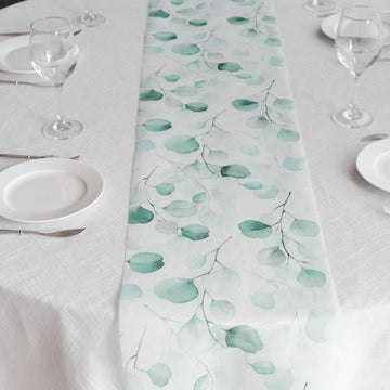 11"x108" White Green Non-Woven Eucalyptus Leaves Print Table Runner, Spring Summer Kitchen Dining Table Decoration