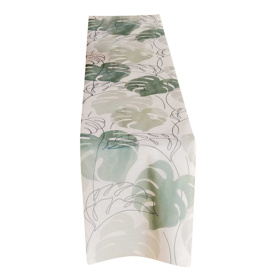 11x108inch White Green Non-Woven Monstera Palm Leaves Print Table Runner, Spring Summer#whtbkgd
