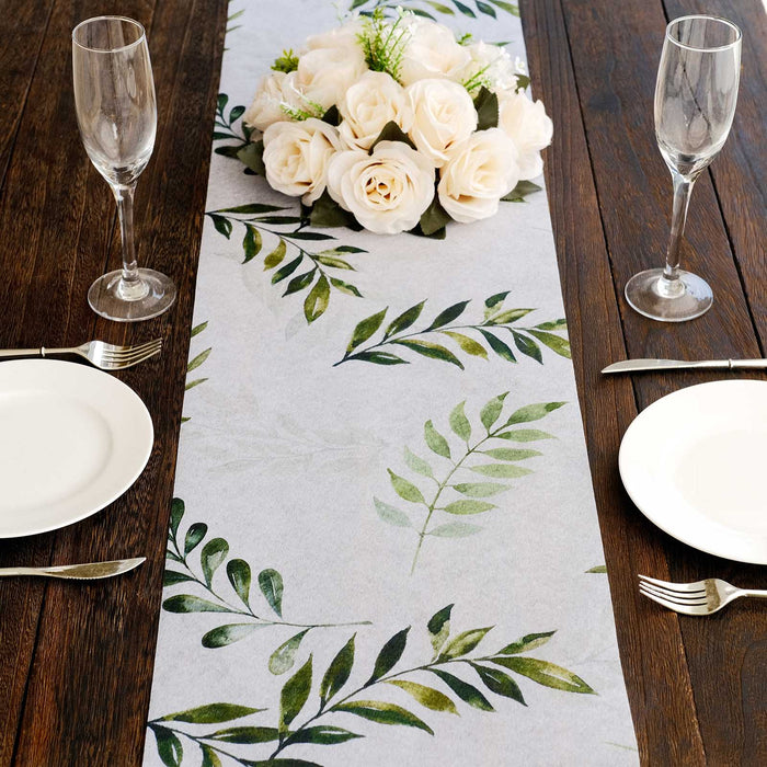 11x108inch White Green Non-Woven Olive Leaves Print Table Runner, Spring Summer Kitchen Dining