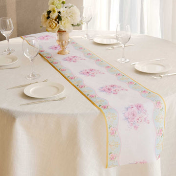 11"x108" White Pink Non-Woven Peony Floral Table Runner with Gold Edges, Spring Summer Kitchen Dining Table Decoration