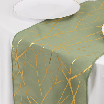 9ft Dusty Sage Green Polyester Table Runner with Gold Foil Tree Branch Pattern