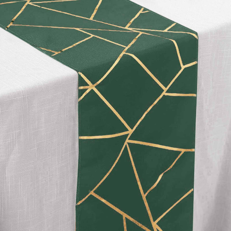 9ft Hunter Emerald Green With Gold Foil Geometric Pattern Table Runner