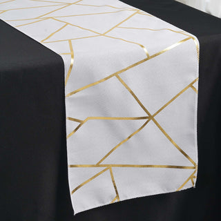 Add Elegance to Your Table with the White/Gold Foil Geometric Pattern Polyester Table Runner