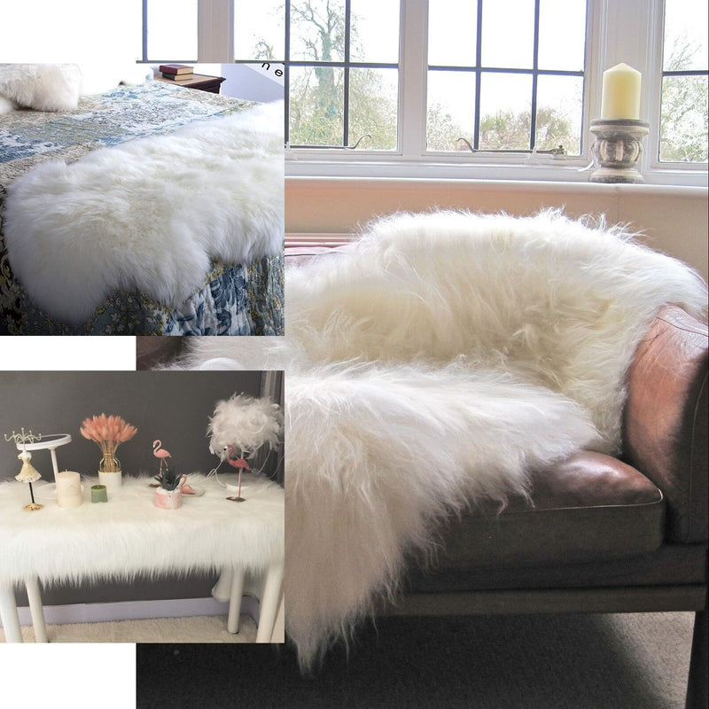 White sheepskin rug on a bed with decorative tray