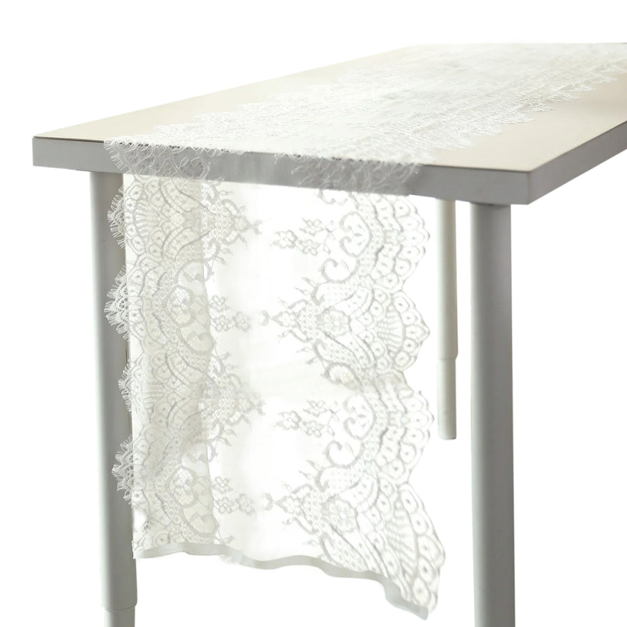 Ivory Premium Lace Fabric Table Runner, Vintage Classic Table Decor With Scalloped Frill Edges#whtbkgd