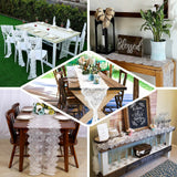 Lace table runners styled on various dining tables and setups.