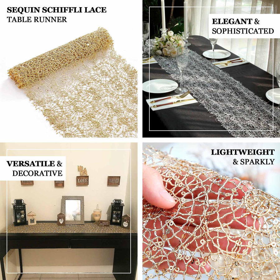 12x108inch Gold Sequin Mesh Schiffli Lace Table Runner, Sparkly Wedding Table Decoration