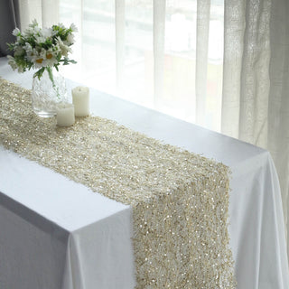 Add a Touch of Glamour with the Gold Sequin Mesh Schiffli Lace Table Runner