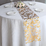 12x108inch Metallic Gold Sheer Organza Table Runner with Swirl Foil Flower Design