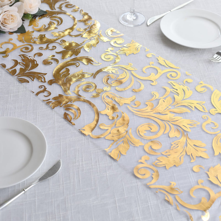 12x108inch Metallic Gold Sheer Organza Table Runner with Swirl Foil Flower Design
