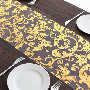 12"x108" Metallic Gold Sheer Organza Table Runner with Swirl Foil Flower Design