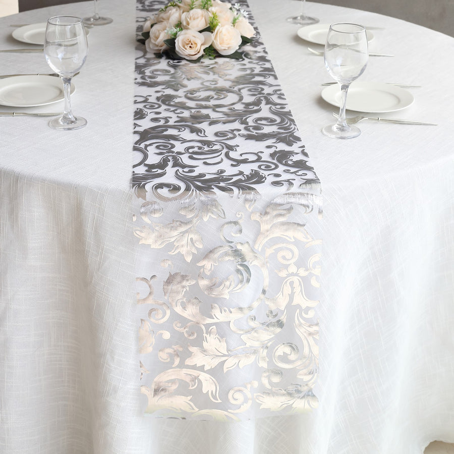 12x108inch Metallic Silver Sheer Organza Table Runner with Swirl Foil Flower Design