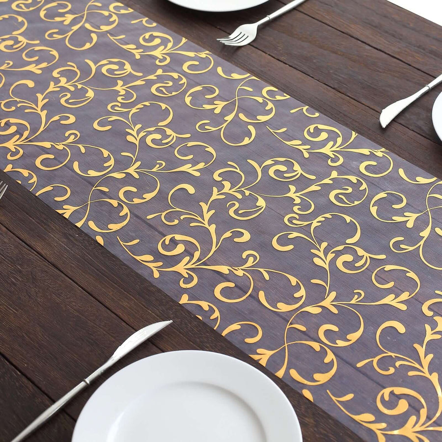 12x108inch Metallic Gold Sheer Organza Table Runner with Embossed Foil Flower Design