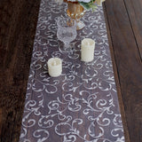 12x108inch Metallic Silver Sheer Organza Table Runner with Embossed Foil Flower Design