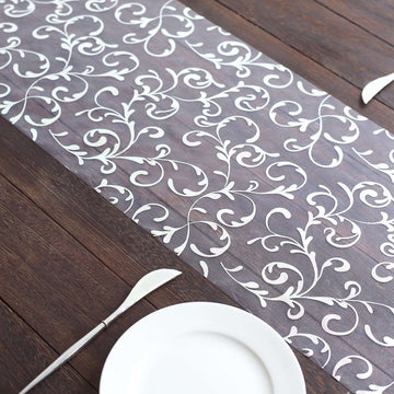 12"x108" Metallic Silver Sheer Organza Table Runner with Embossed Foil Flower Design