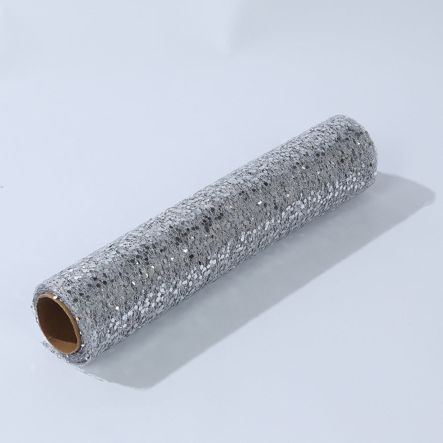 Metallic Silver Sequin Mesh Polyester Table Runner - 11x108inch#whtbkgd